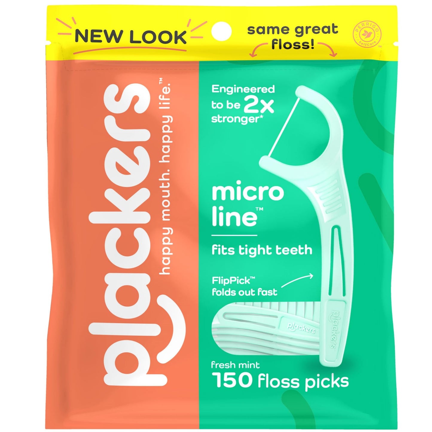 Plackers Micro Line Dental Floss Picks, Fold-Out FlipPick, Tuffloss, Easy Storage with Sure-Zip Seal, Fresh Mint Flavor, 150 Count,Packaging May vary (Pack of 4)