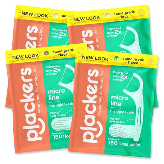 Plackers Micro Line Dental Floss Picks, Fold-Out FlipPick, Tuffloss, Easy Storage with Sure-Zip Seal, Fresh Mint Flavor, 150 Count,Packaging May vary (Pack of 4)